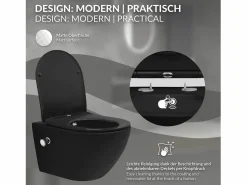 LuxeBath WC cerámico suspendido con función bidé y tornado largo 53,5 cm softclose Negro New