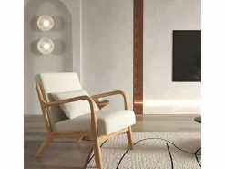 Moloo ZACK-Sillón en tejido Curly Ecru y madera natural Beige New