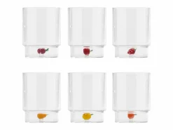 Vaso|Zafferano Teca Frutta Mix - Juego de 6 Vasos de Vidrio Borosilicato con Fruta - Vaso de 35 cl con Doble Fondo Decorado a Mano, Fácilmente Lavable