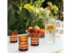 Vaso|Zafferano Twiddle - Juego de 6 vasos de vidrio soplado ámbar de 35 cl - Vasos artesanales con decoración blanca, aptos para lavavajillas