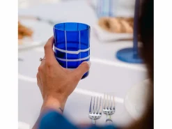 Vaso|Zafferano Twiddle - Juego de 6 vasos de vidrio soplado azul, 35 cl - Vasos artesanales con decoración blanca, aptos para lavavajillas