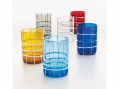 Vaso|Zafferano Twiddle - Juego de 6 vasos de vidrio soplado azul, 35 cl - Vasos artesanales con decoración blanca, aptos para lavavajillas
