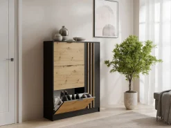 Vente-unique Zapatero|Mueble De Almacenaje|Zapatero con 1 puerta y 3 compartimentos abatibles - Natural y Negro - JANAKIA
