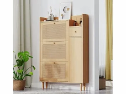 Merax Zapatero|Mueble De Almacenaje|Zapatero con 3 puertas abatibles y 1 cajón, medidas 90 largo x 17 ancho x 125 alto cm imitación madera, efecto caña de ratán, color roble