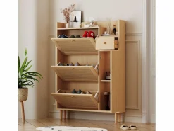 Merax Zapatero|Mueble De Almacenaje|Zapatero con 3 puertas abatibles y 1 cajón, medidas 90 largo x 17 ancho x 125 alto cm imitación madera, efecto caña de ratán, color roble