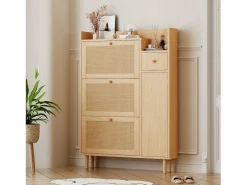 Merax Zapatero|Mueble De Almacenaje|Zapatero con 3 puertas abatibles y 1 cajón, medidas 90 largo x 17 ancho x 125 alto cm imitación madera, efecto caña de ratán, color roble