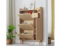 Merax Zapatero|Mueble De Almacenaje|Zapatero con 3 puertas abatibles y 1 cajón, medidas 90 largo x 17 ancho x 125 alto cm imitación madera, efecto caña de ratán, color roble