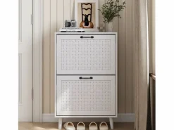 Zapatero con cajones de ratán, patas de madera maciza, MDF, (60x24,1x94 cm)^ New