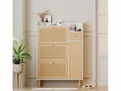 Hauss Spole Zapatero|Mueble De Almacenaje|Zapatero de madera y ratán, 3 puertas y 1 cajón, 90x17x125 cm, color natural + blanco