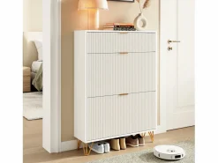 Zapatero moderno con 3 cajones de madera, tiradores dorados, pequeños estriados. Blanco Hot