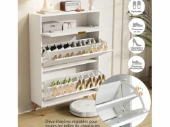 Zapatero moderno con 3 cajones de madera, tiradores dorados, pequeños estriados. Blanco Hot