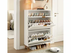 Zapatero moderno con 3 cajones de madera, tiradores dorados, pequeños estriados. Blanco Hot