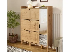Zapatero moderno con espejo y puertas abatibles + estante - 110 x 24 x 137,5 cm - MDF - natural^Merax Best