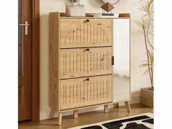 Zapatero moderno con espejo y puertas abatibles + estante - 110 x 24 x 137,5 cm - MDF - natural^Merax Best