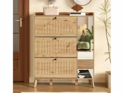 Zapatero moderno con espejo y puertas abatibles + estante - 110 x 24 x 137,5 cm - MDF - natural^Merax Best