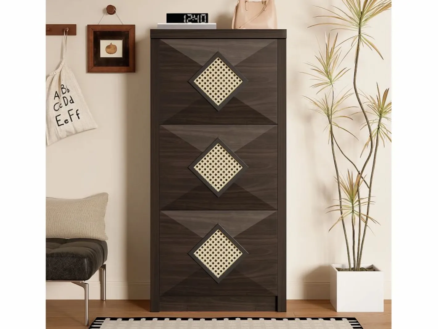 Merax Zapatero|Mueble De Almacenaje|Zapatero vintage con decoración de ratán - 54 x 25 x 115 cm - con 3 compartimentos abatibles - tablero de partículas -