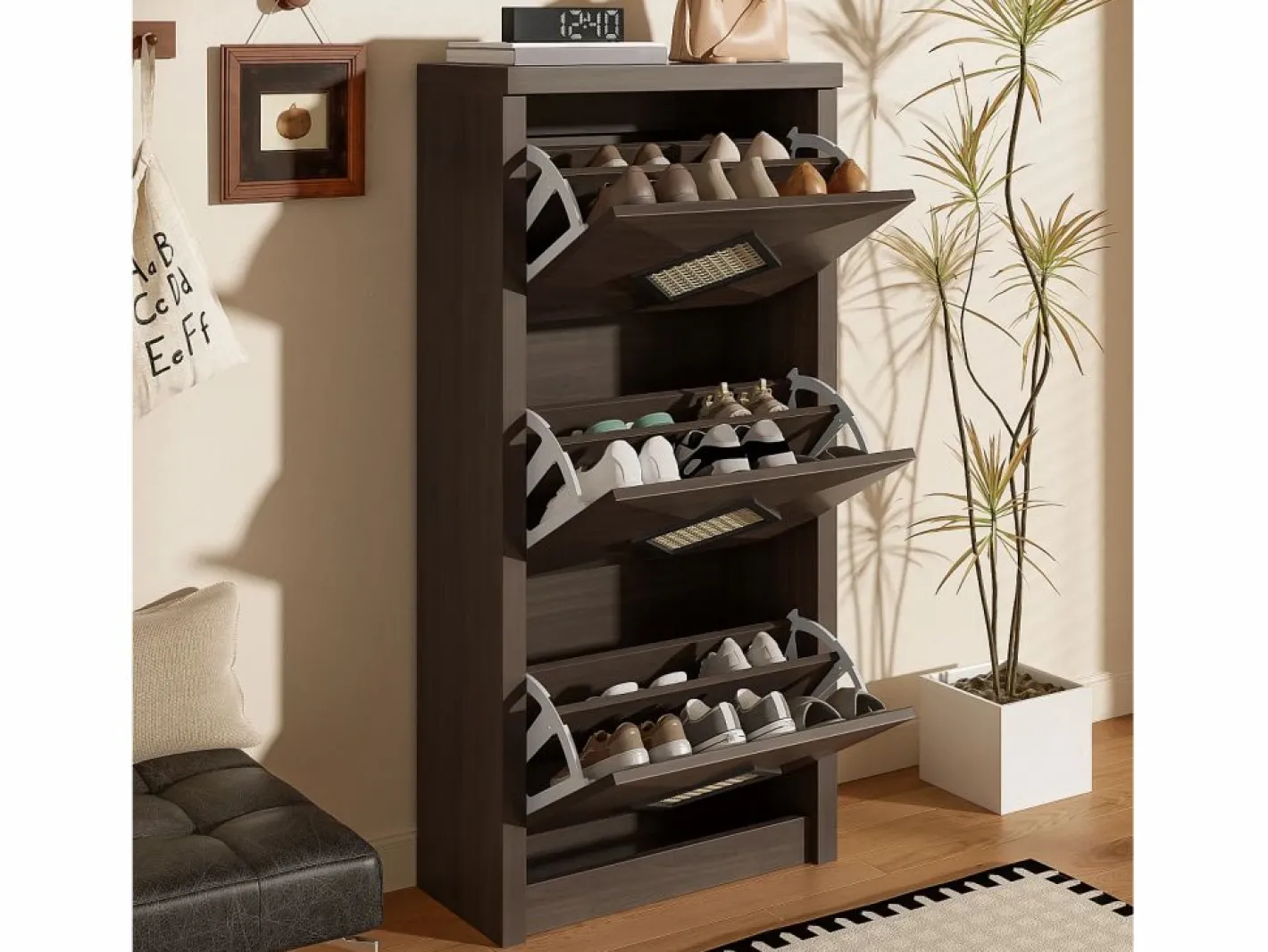 Merax Zapatero|Mueble De Almacenaje|Zapatero vintage con decoración de ratán - 54 x 25 x 115 cm - con 3 compartimentos abatibles - tablero de partículas -