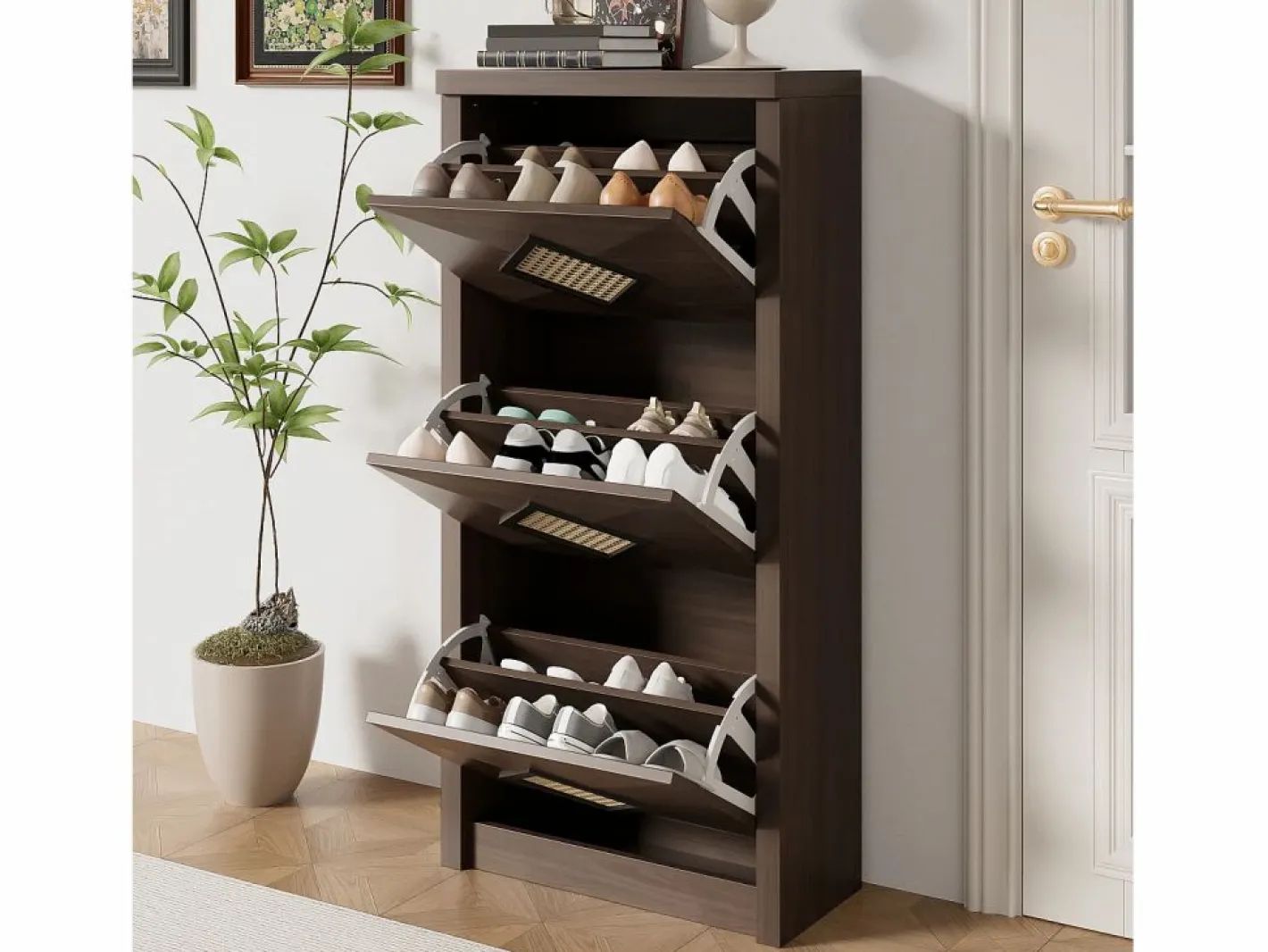 Merax Zapatero|Mueble De Almacenaje|Zapatero vintage con decoración de ratán - 54 x 25 x 115 cm - con 3 compartimentos abatibles - tablero de partículas -