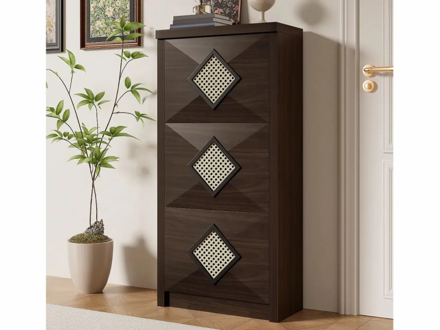 Merax Zapatero|Mueble De Almacenaje|Zapatero vintage con decoración de ratán - 54 x 25 x 115 cm - con 3 compartimentos abatibles - tablero de partículas -